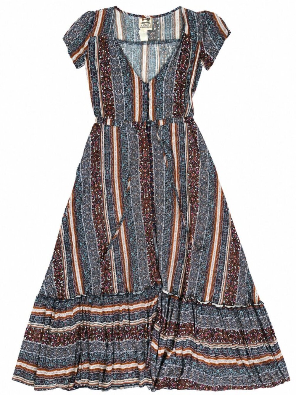 Jaase Australian Boho Paisley Tile Print Button Front Tiered Maxi Dress